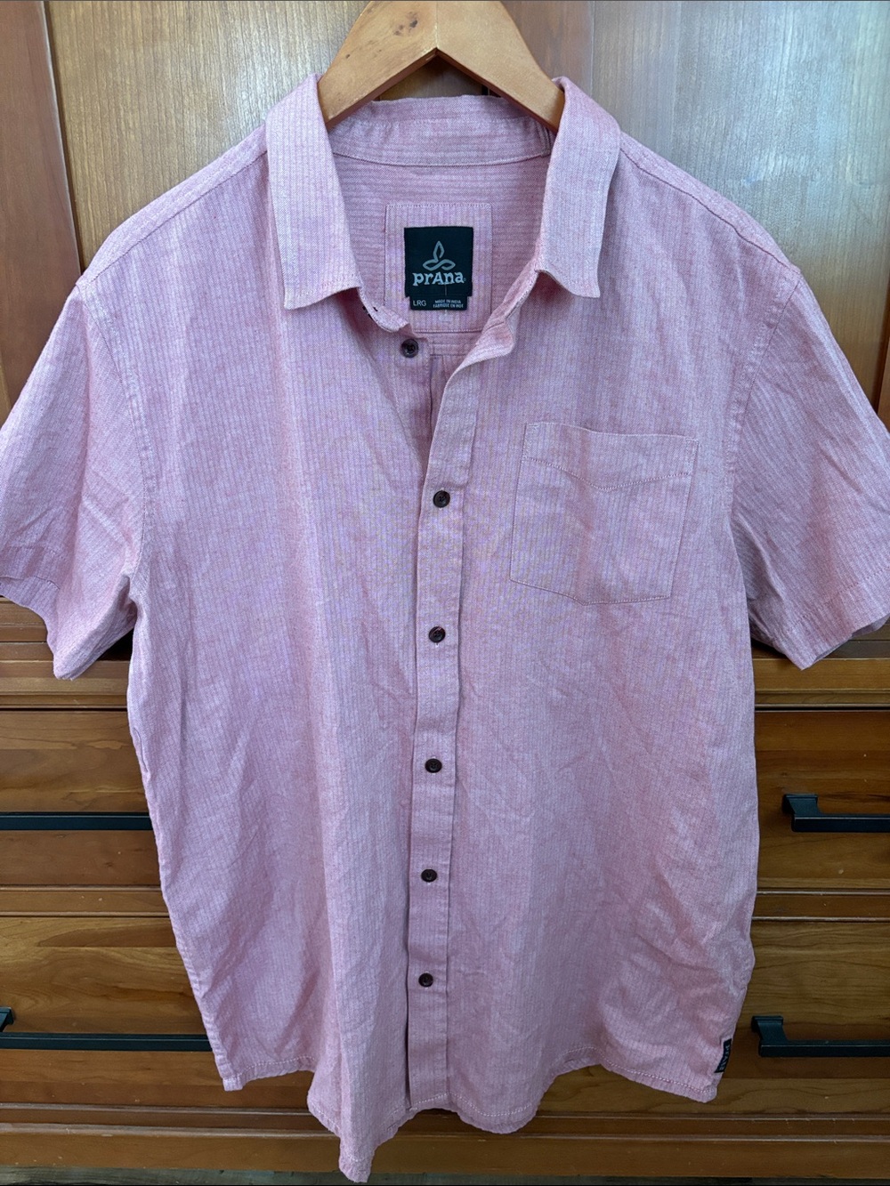 prAna Men's Short Sleeve organic Button-Up Shirt in Light Pink